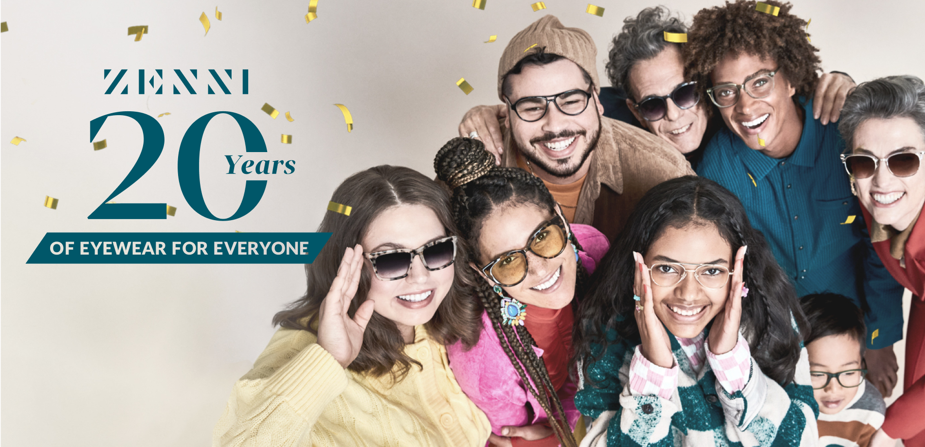 Group of people celebrating Zenni’s 20 years of Eyewear for Everyone by showing off their Zenni glasses, sunglasses, and blue light glasses.