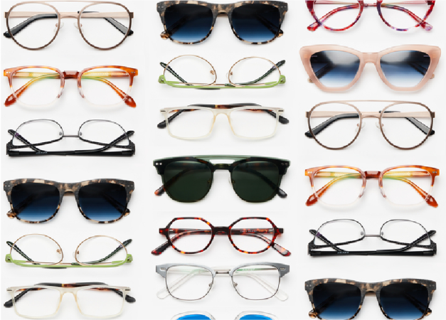 Flatlay of different glasses and sunglasses.