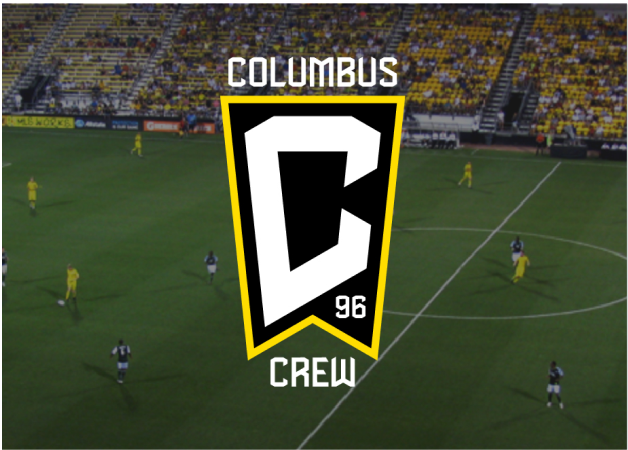 Columbus Crew logo with a soccer game in the background.