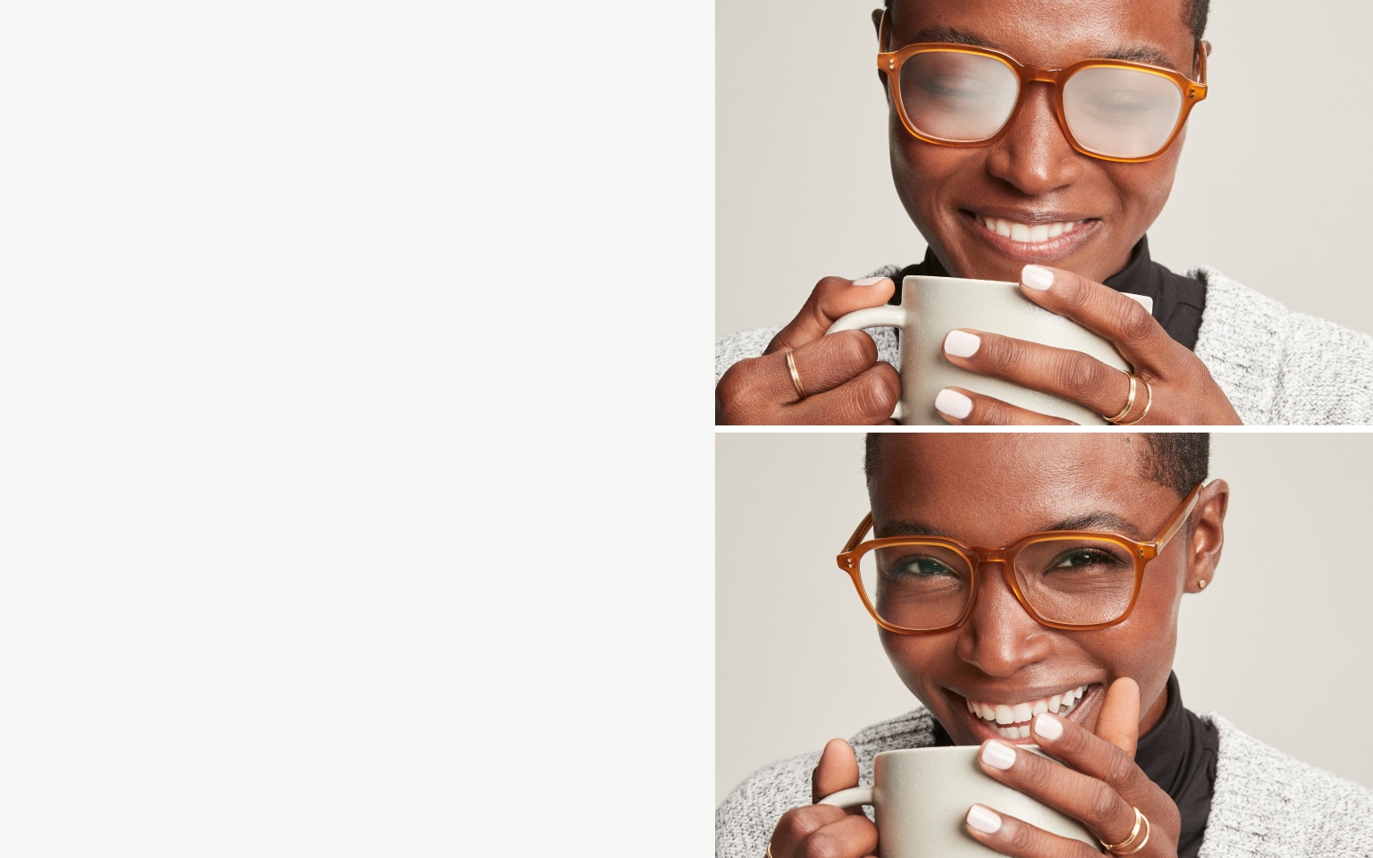 Split image of a woman wearing Zenni glasses, holding a mug. In the top image, her glasses are fogged up, in the bottom image, the lenses are clear.