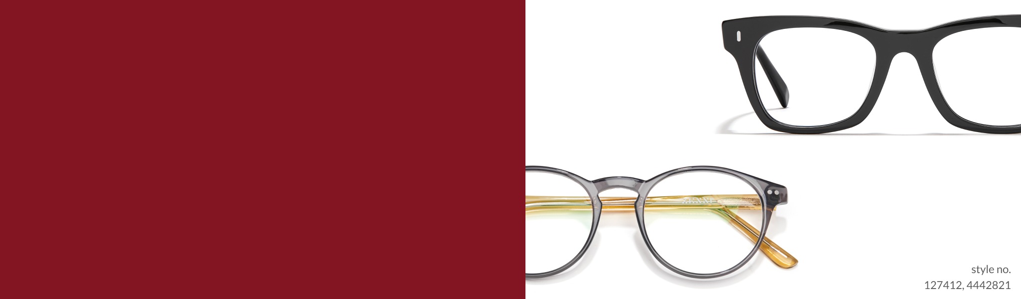 Image of two pairs of glasses, black square glasses #4442821 on the right, and gray round glasses #127412 on the left, displaying with a white background.