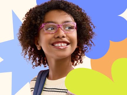A girl with curly hair wearing pink glittery glasses, on a background featuring colorful shapes in pink, blue, green, and orange.