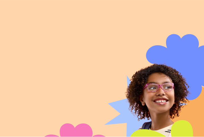 A girl with curly hair wearing pink glittery glasses, on a background featuring colorful shapes in pink, blue, green, and orange.