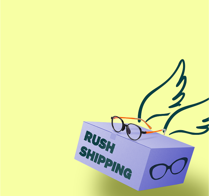 A purple shipping box labeled “Rush Shipping” with wing illustrations and a pair of round glasses on top, set against a bright yellow background.