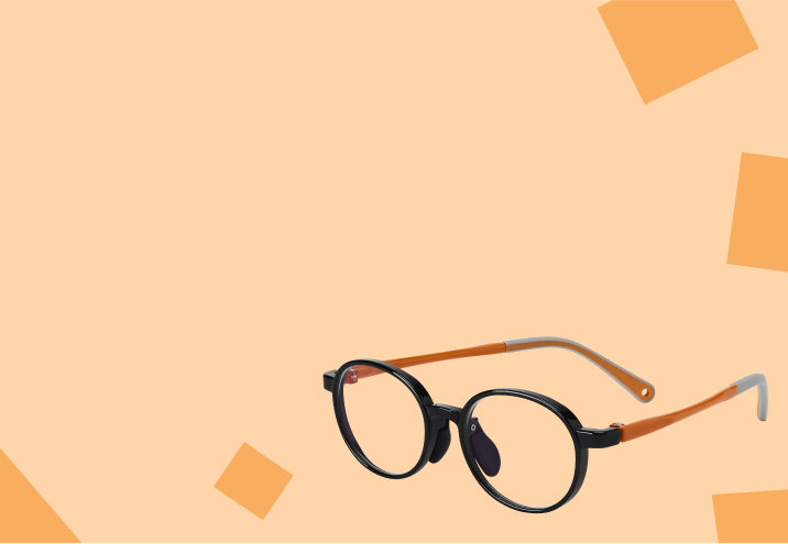 Round black and orange kids’ glasses on a beige background with orange squares.