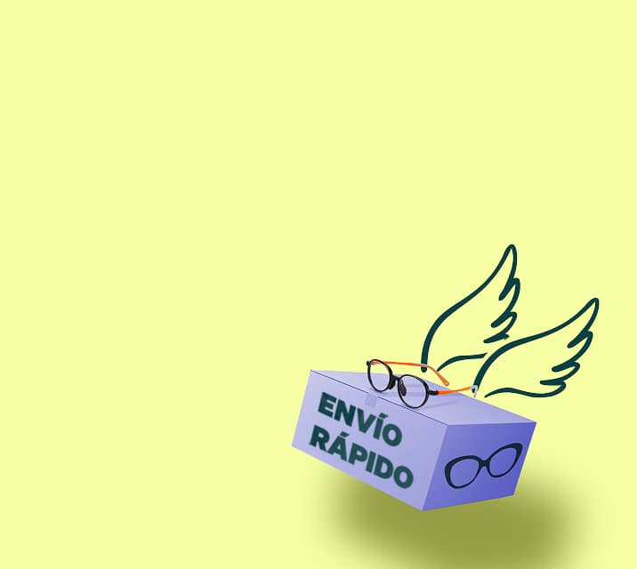 Una caja de envío color púrpura con la etiqueta “entrega rápida”, ilustraciones de alas y un par de lentes redondos encima, colocada sobre un fondo amarillo brillante.
