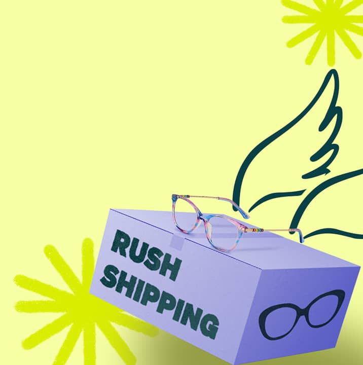 A purple shipping box labeled “Rush Shipping” with wing illustrations and a pair of round glasses on top, set against a bright yellow background.