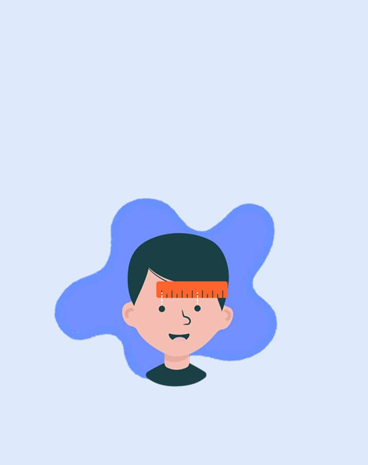 An illustration of a boy with short dark hair with a ruler over his eyes to demonstrate a method of pupillary distance measurement. The background is blue featuring an abstract blob shape.