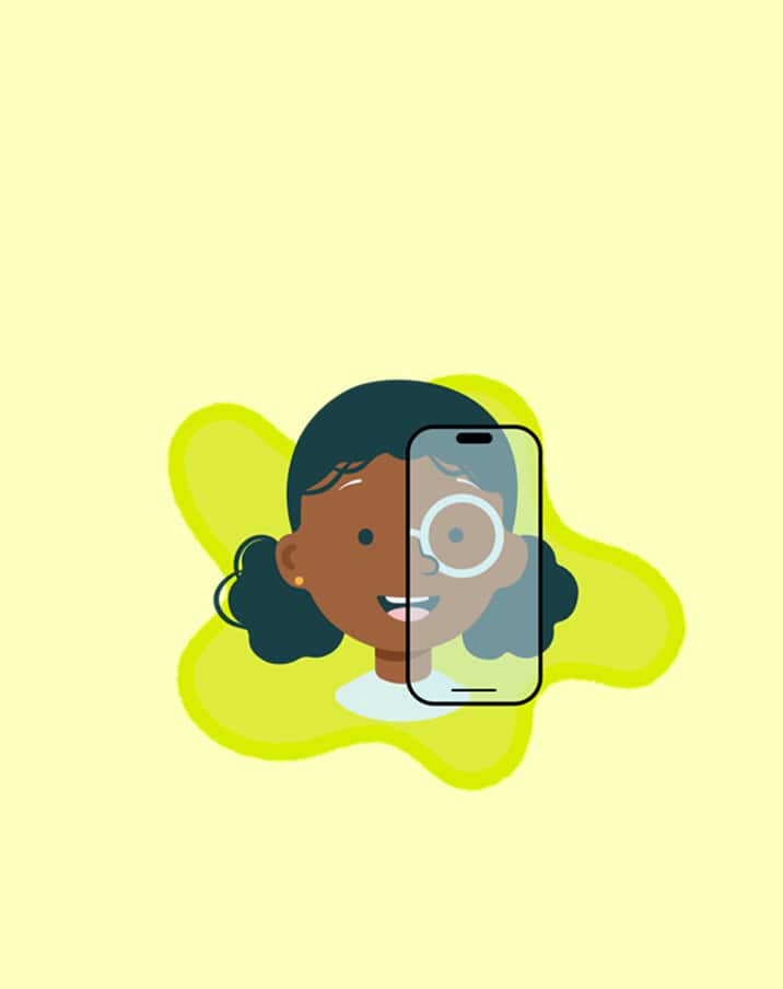 An illustration of a girl with curly black pigtails with a smartphone superimposed over half her face showing her in round glasses, demonstrating the augmented reality virtual try-on feature. Background is green featuring an abstract blob shape.
