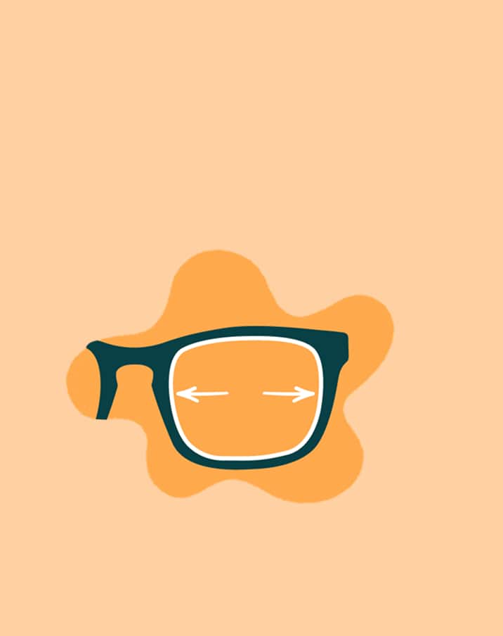 An illustration of kids’ glasses frames with white arrows to indicate the width of the lens. Background is orange featuring an abstract blob shape.