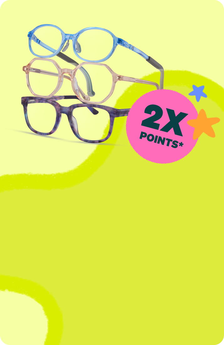 Three pairs of colorful kids' eyeglasses stacked on a light yellow background, next to a pink badge displaying '2X POINTS*' decorated with stars.
