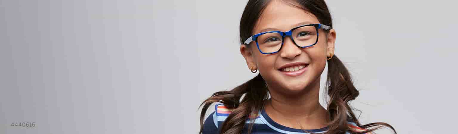 Image of a girl with blue stripes t-shirt wearing blue Zenni square glasses #4440616.