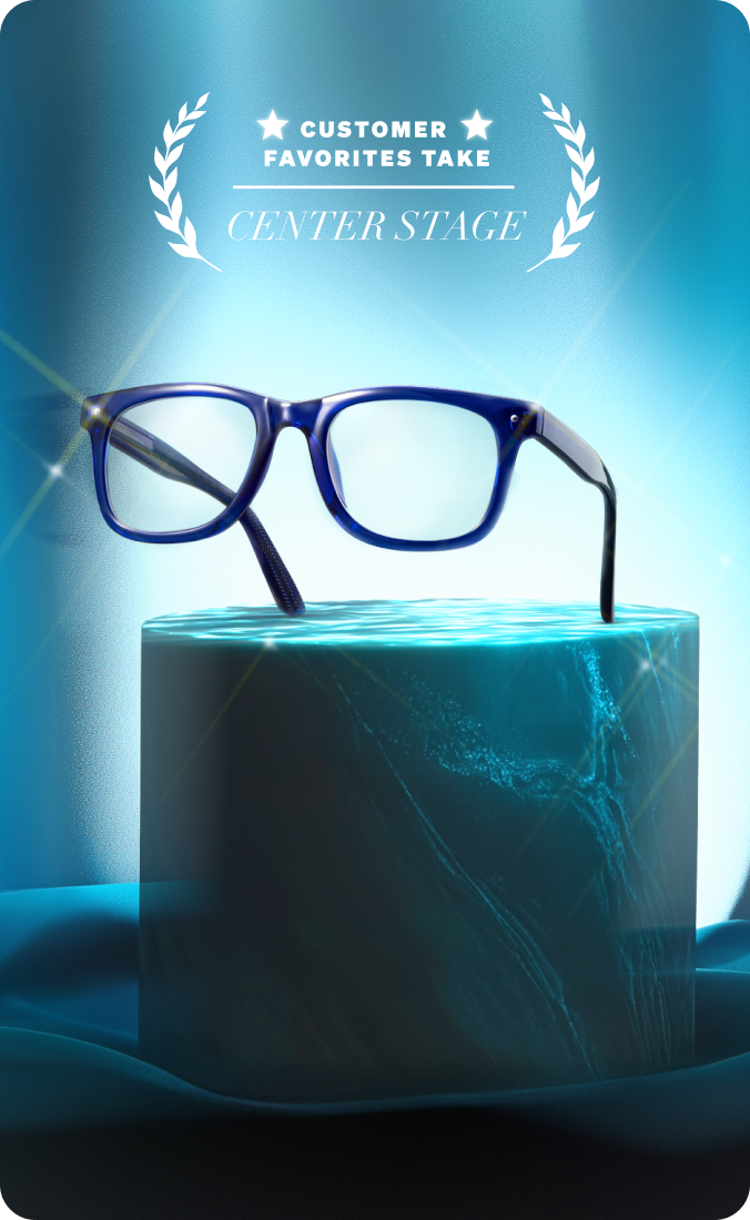 A pair of glossy, rectangular, blue glasses is elegantly displayed on a glowing turquoise pedestal against a radiant, gradient blue backdrop.