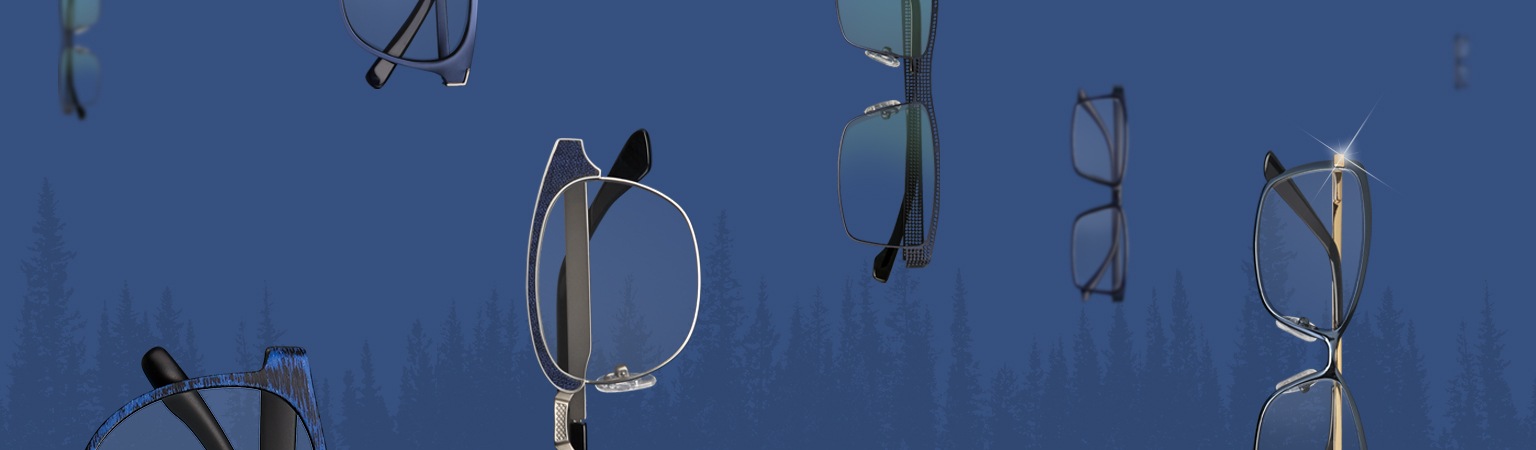 Blue rectangle glasses #2025516, Blue round glasses #2020516, navy cat-eye glasses #328316, navy browline glasses #3215716, metallic blue cat-eye glasses #157516, and blue mesh rectangle glasses #329116 floating against a dark blue background.