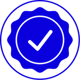 A blue seal of approval with a check mark in the middle.