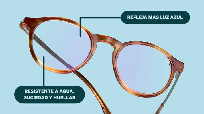 Anteojos Zenni redondas marrones con lentes azules de luz sobre fondo azul verdoso claro. Texto adicional: Refleja más luz azul. Repele la suciedad, el agua y las manchas.