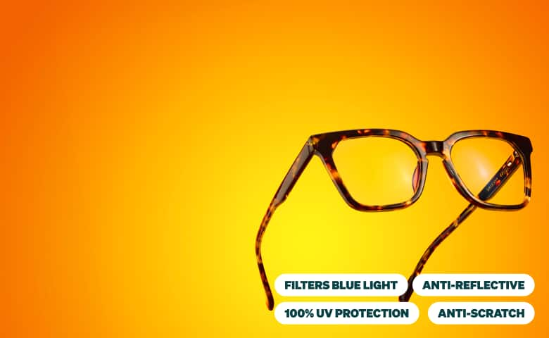 A pair of tortoiseshell glasses with a square frame and yellow-tinted lenses is positioned against a vibrant orange gradient background. Four white text bubbles highlight the glasses' features: Filters Blue Light, 100% UV Protection, Anti-Scratch, and Anti-Reflective.