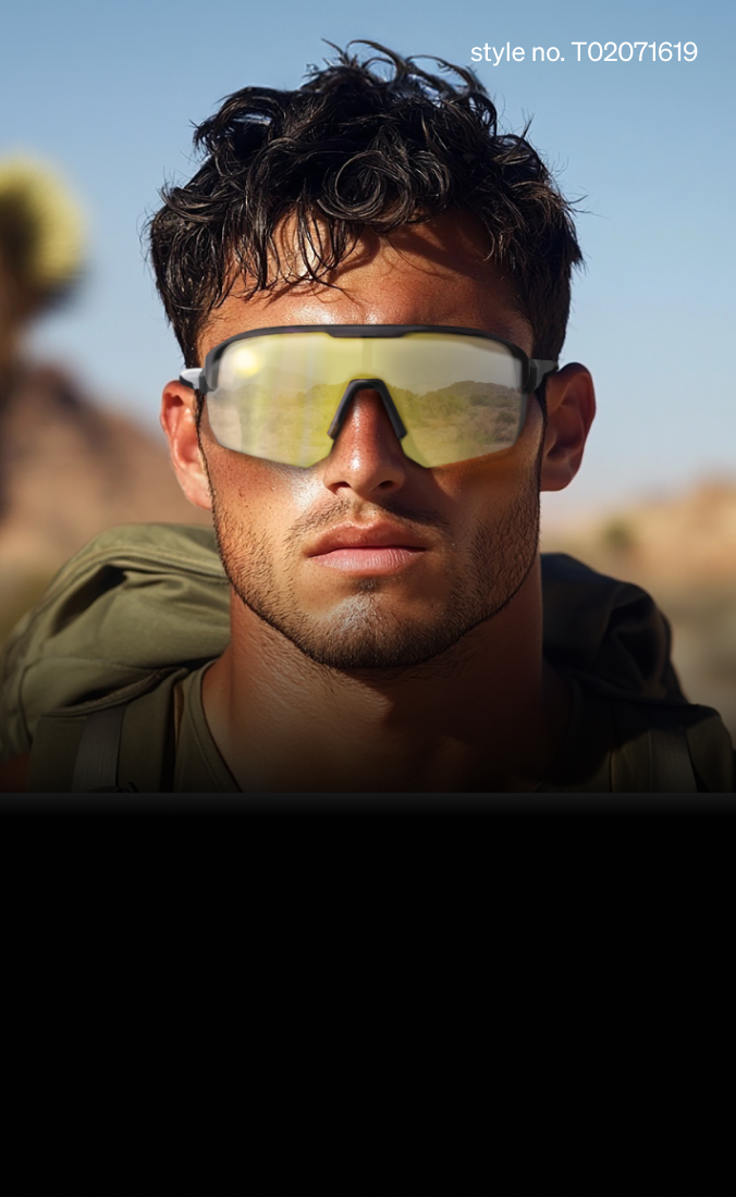 Man wearing reflective Zenni Sport Polarized Sunglasses in a desert landscape.