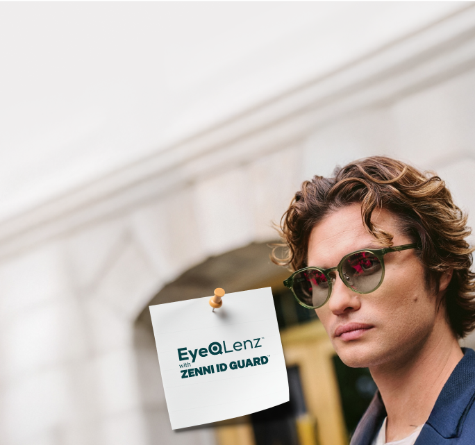 Chase Stokes wears Zenni frames featuring EyeQLenz with Zenni ID Guard lenses in an outdoor scene.