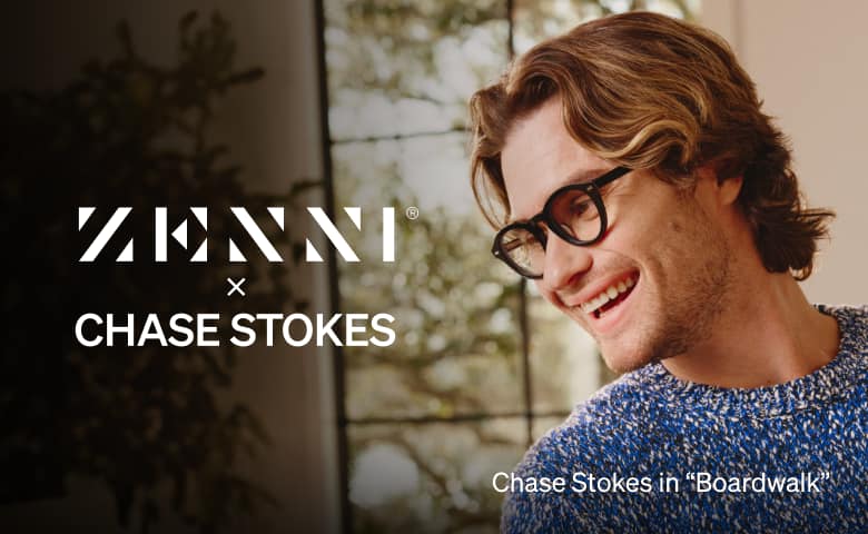 Black “Boardwalk” glasses from the Zenni x Chase Stokes collection. The eyewear collection is a combination of cool and classic frames.