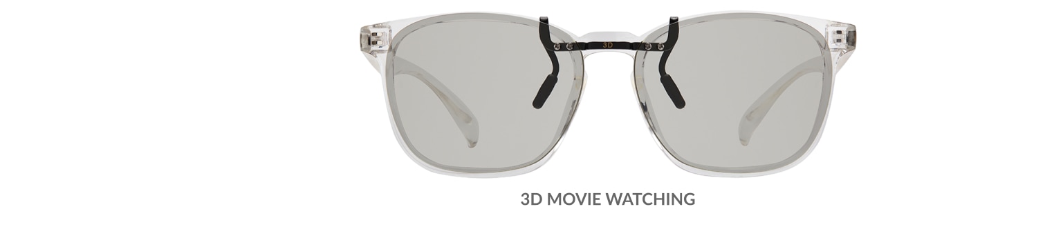 Custom clip-ons. Our polarized custom clip-ons reduce glare and are available for almost any frame. Each clip-on is specially cut to fit the frame with prices starting at just $3.95  (Compare to $50). Zenni square glasses #2020123 in clear, shown with 3D movie watching custom clip-on.