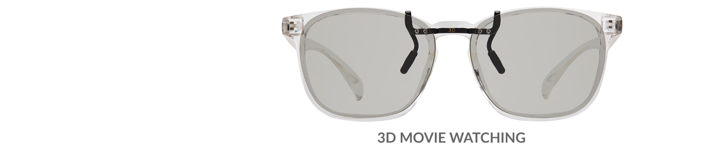 Custom clip-ons. Our polarized custom clip-ons reduce glare and are available for almost any frame. Each clip-on is specially cut to fit the frame with prices starting at just $3.95  (Compare to $50). Zenni square glasses #2020123 in clear, shown with 3D movie watching custom clip-on.