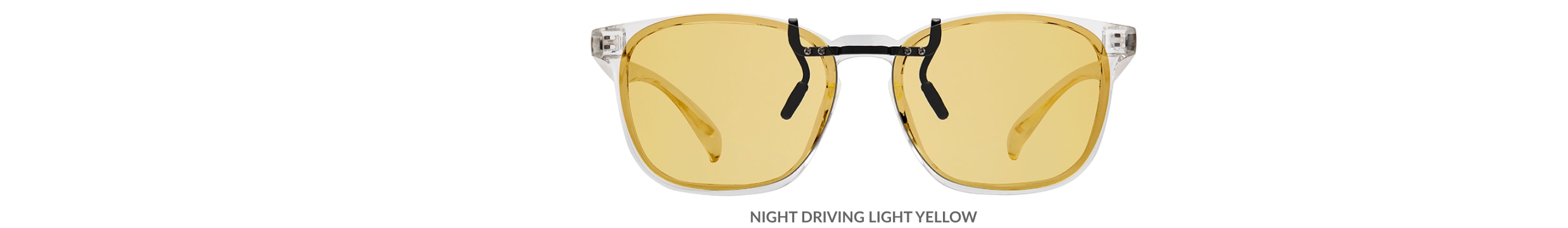 Custom clip-ons. Our polarized custom clip-ons reduce glare and are available for almost any frame. Each clip-on is specially cut to fit the frame with prices starting at just $4.95  (Compare to $50). Zenni square glasses #2020123 in clear, shown with night driving light yellow custom clip-on.