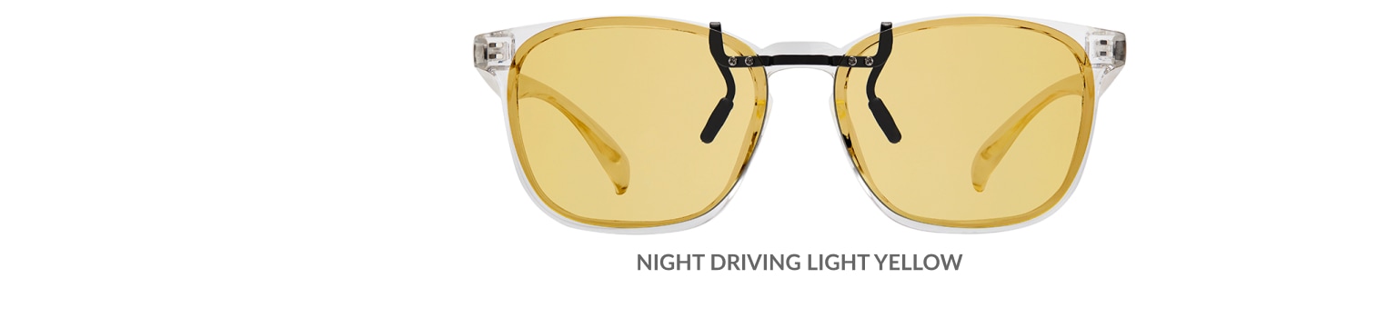 Custom clip-ons. Our polarized custom clip-ons reduce glare and are available for almost any frame. Each clip-on is specially cut to fit the frame with prices starting at just $3.95  (Compare to $50). Zenni square glasses #2020123 in clear, shown with night driving light yellow custom clip-on.