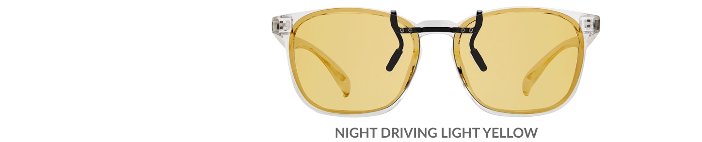 Custom clip-ons. Our polarized custom clip-ons reduce glare and are available for almost any frame. Each clip-on is specially cut to fit the frame with prices starting at just $3.95  (Compare to $50). Zenni square glasses #2020123 in clear, shown with night driving light yellow custom clip-on.