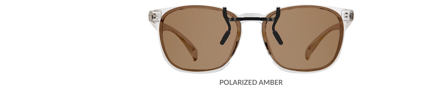 Custom clip-ons. Our polarized custom clip-ons reduce glare and are available for almost any frame. Each clip-on is specially cut to fit the frame with prices starting at just $3.95  (Compare to $50). Zenni square glasses #2020123 in clear, shown with amber polarized custom clip-on.