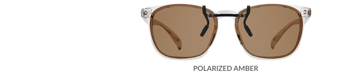 Custom clip-ons. Our polarized custom clip-ons reduce glare and are available for almost any frame. Each clip-on is specially cut to fit the frame with prices starting at just $3.95  (Compare to $50). Zenni square glasses #2020123 in clear, shown with amber polarized custom clip-on.