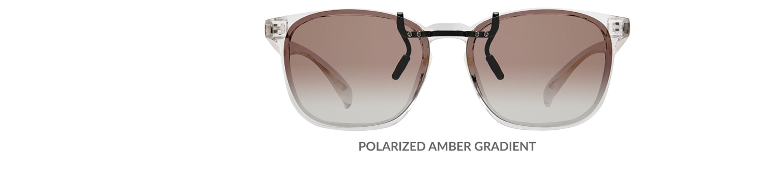 Custom clip-ons. Our polarized custom clip-ons reduce glare and are available for almost any frame. Each clip-on is specially cut to fit the frame with prices starting at just $3.95  (Compare to $50). Zenni square glasses #2020123 in clear, shown with gradient amber polarized custom clip-on.