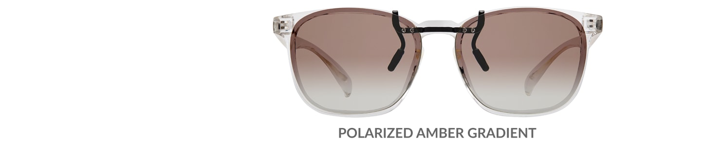 Custom clip-ons. Our polarized custom clip-ons reduce glare and are available for almost any frame. Each clip-on is specially cut to fit the frame with prices starting at just $3.95  (Compare to $50). Zenni square glasses #2020123 in clear, shown with gradient amber polarized custom clip-on.