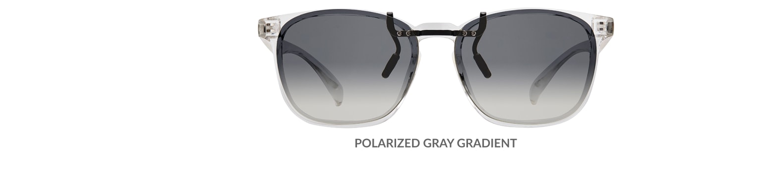 Custom clip-ons. Our polarized custom clip-ons reduce glare and are available for almost any frame. Each clip-on is specially cut to fit the frame with prices starting at just $3.95  (Compare to $50). Zenni square glasses #2020123 in clear, shown with gradient gray polarized custom clip-on.