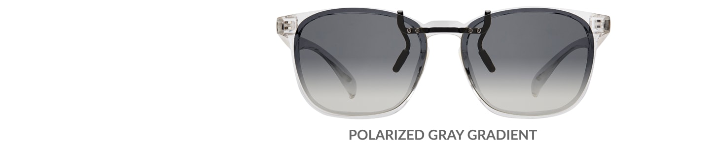 Custom clip-ons. Our polarized custom clip-ons reduce glare and are available for almost any frame. Each clip-on is specially cut to fit the frame with prices starting at just $3.95  (Compare to $50). Zenni square glasses #2020123 in clear, shown with gradient gray polarized custom clip-on.