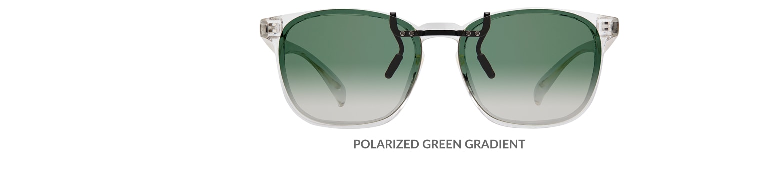 Custom clip-ons. Our polarized custom clip-ons reduce glare and are available for almost any frame. Each clip-on is specially cut to fit the frame with prices starting at just $3.95  (Compare to $50). Zenni square glasses #2020123 in clear, shown with gradient green polarized custom clip-on.