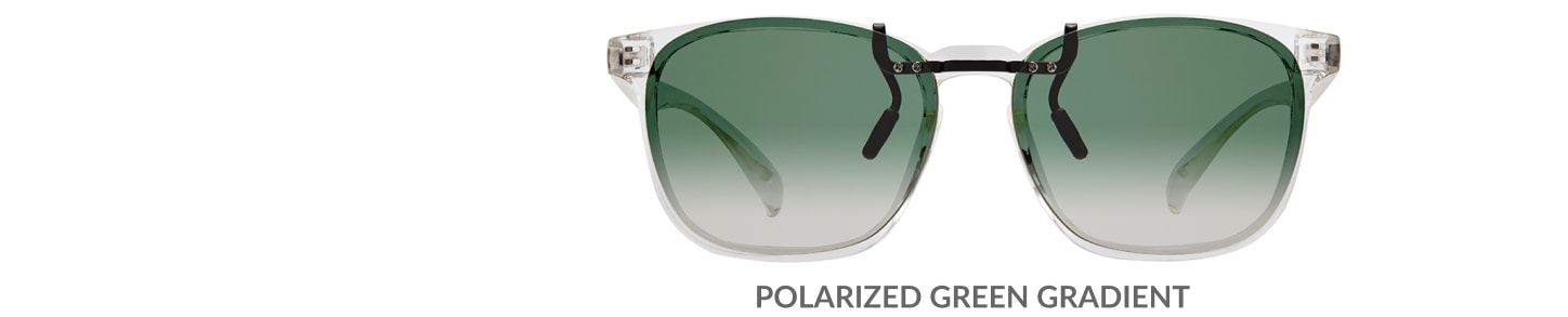 Custom clip-ons. Our polarized custom clip-ons reduce glare and are available for almost any frame. Each clip-on is specially cut to fit the frame with prices starting at just $3.95  (Compare to $50). Zenni square glasses #2020123 in clear, shown with gradient green polarized custom clip-on.