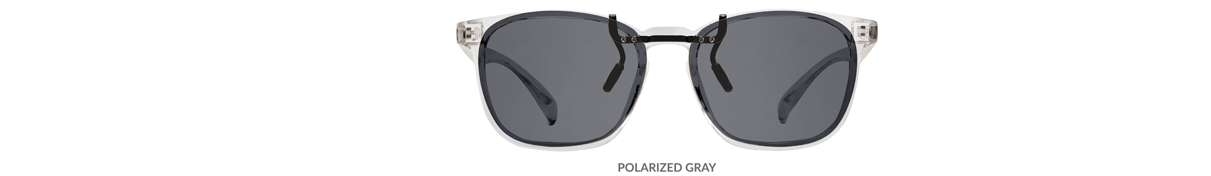 Custom clip-ons. Our polarized custom clip-ons reduce glare and are available for almost any frame. Each clip-on is specially cut to fit the frame with prices starting at just $3.95  (Compare to $50). Zenni square glasses #2020123 in clear, shown with gray polarized custom clip-on.