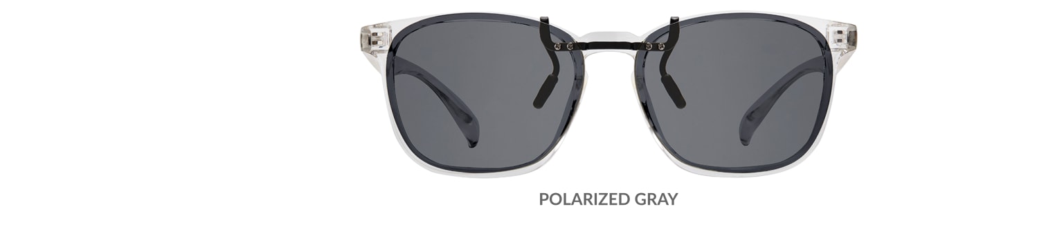 Custom clip-ons. Our polarized custom clip-ons reduce glare and are available for almost any frame. Each clip-on is specially cut to fit the frame with prices starting at just $3.95  (Compare to $50). Zenni square glasses #2020123 in clear, shown with gray polarized custom clip-on.