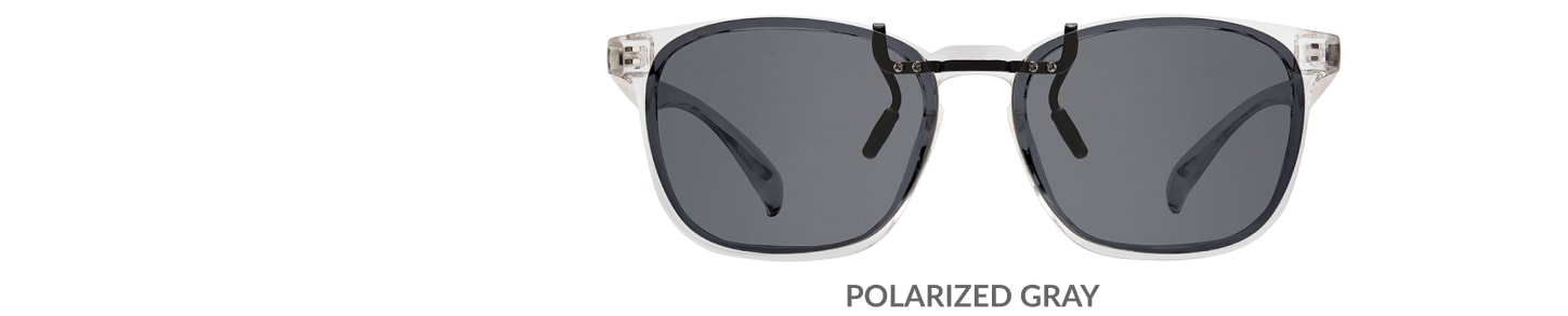 Custom clip-ons. Our polarized custom clip-ons reduce glare and are available for almost any frame. Each clip-on is specially cut to fit the frame with prices starting at just $3.95  (Compare to $50). Zenni square glasses #2020123 in clear, shown with gray polarized custom clip-on.