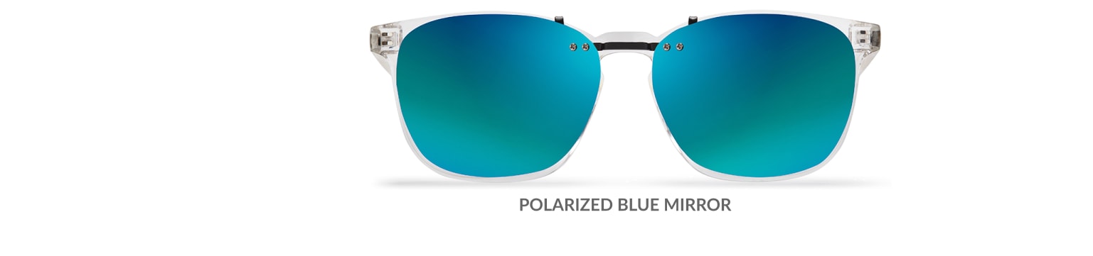 Custom clip-ons. Our polarized custom clip-ons reduce glare and are available for almost any frame. Each clip-on is specially cut to fit the frame with prices starting at just $3.95  (Compare to $50). Zenni square glasses #2020123 in clear, shown with gradient green polarized custom clip-on.