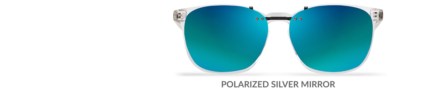 Custom clip-ons. Our polarized custom clip-ons reduce glare and are available for almost any frame. Each clip-on is specially cut to fit the frame with prices starting at just $3.95  (Compare to $50). Zenni square glasses #2020123 in clear, shown with gradient green polarized custom clip-on.