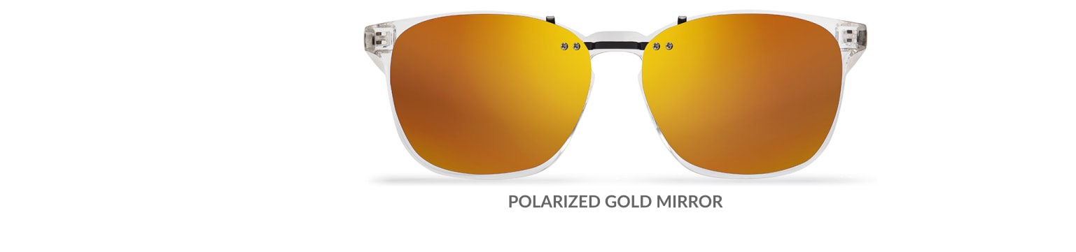 Custom clip-ons. Our polarized custom clip-ons reduce glare and are available for almost any frame. Each clip-on is specially cut to fit the frame with prices starting at just $3.95  (Compare to $50). Zenni square glasses #2020123 in clear, shown with gradient amber polarized custom clip-on.