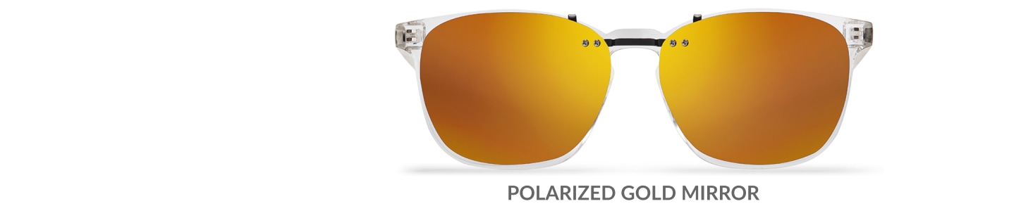 Custom clip-ons. Our polarized custom clip-ons reduce glare and are available for almost any frame. Each clip-on is specially cut to fit the frame with prices starting at just $3.95  (Compare to $50). Zenni square glasses #2020123 in clear, shown with gradient amber polarized custom clip-on.