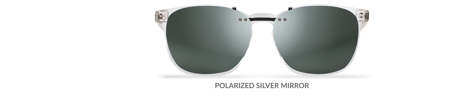 Custom clip-ons. Our polarized custom clip-ons reduce glare and are available for almost any frame. Each clip-on is specially cut to fit the frame with prices starting at just $3.95  (Compare to $50). Zenni square glasses #2020123 in clear, shown with gradient gray polarized custom clip-on.