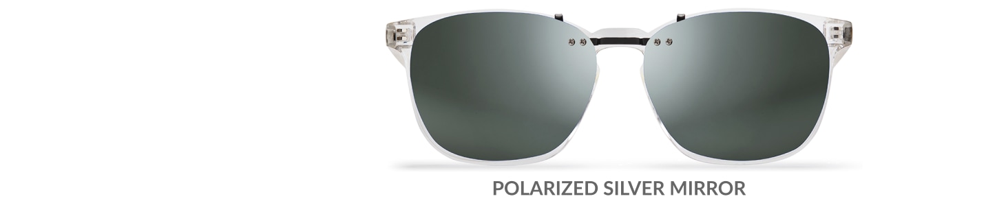 Custom clip-ons. Our polarized custom clip-ons reduce glare and are available for almost any frame. Each clip-on is specially cut to fit the frame with prices starting at just $3.95  (Compare to $50). Zenni square glasses #2020123 in clear, shown with gradient gray polarized custom clip-on.