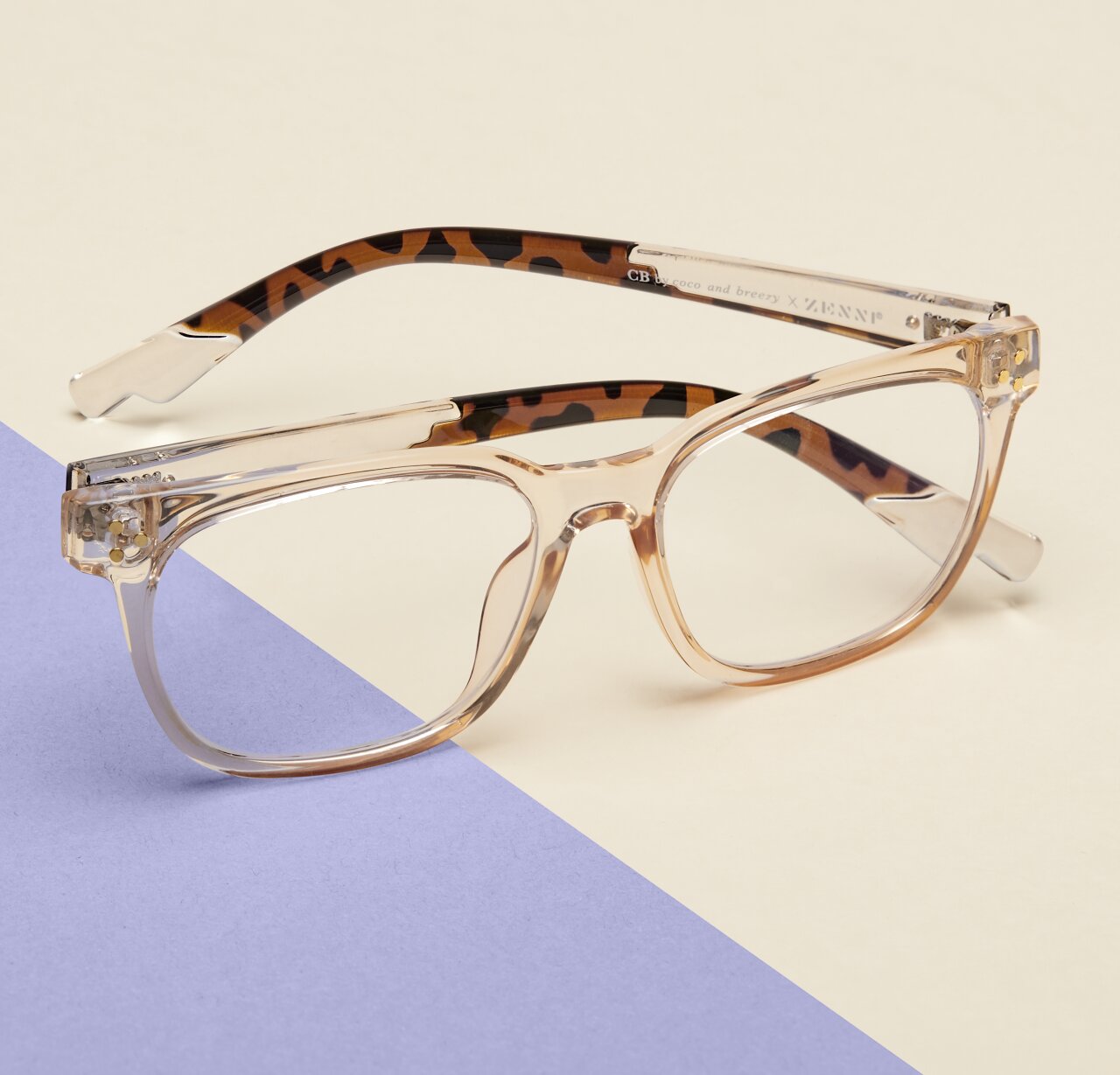 Image of Zenni brown square glasses #2034115 I am grateful, against a cream and purple background.