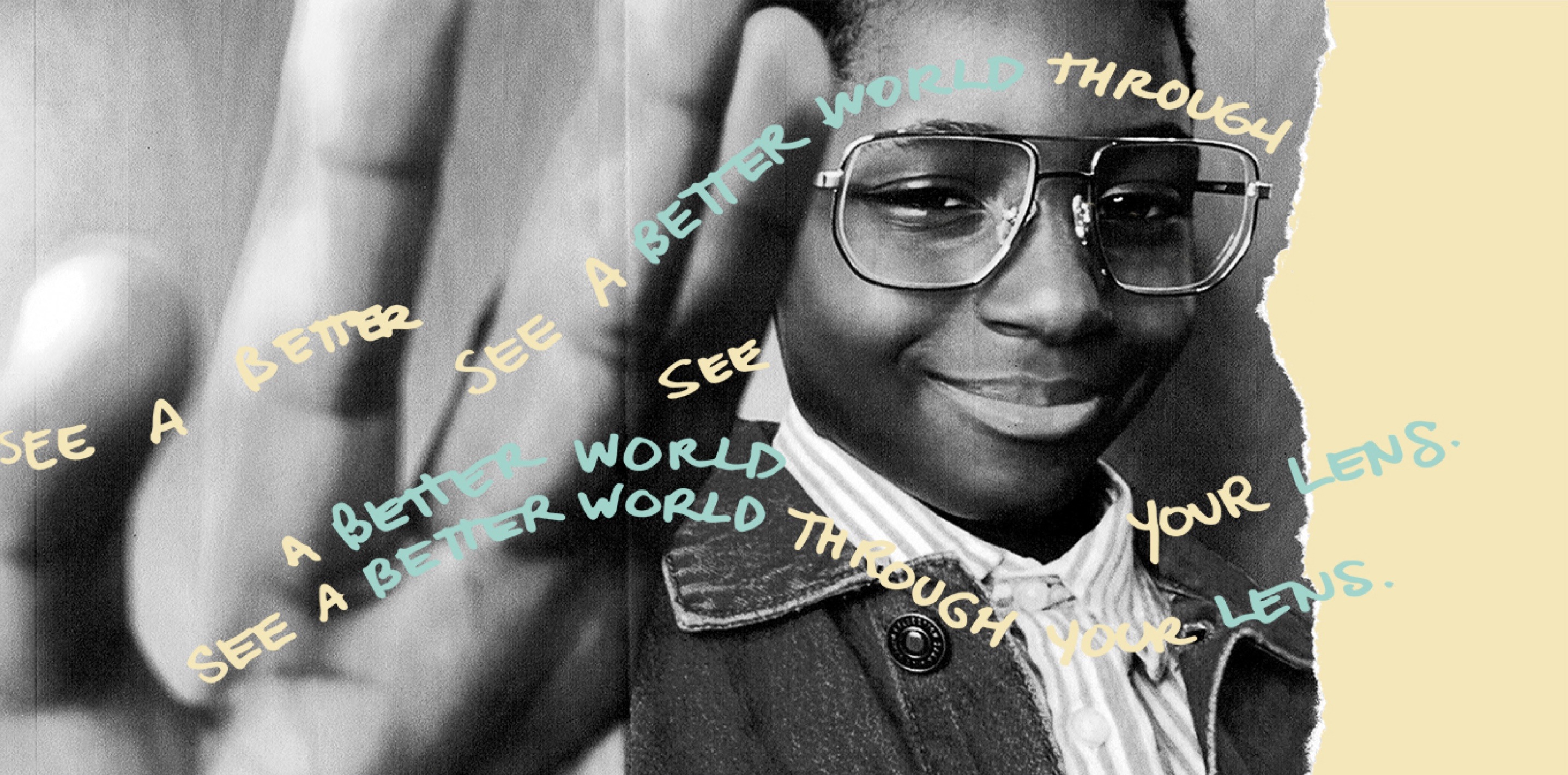 See a better world through your lens. A black and white image of a boy wearing frame I AM POWERFUL #3224514.