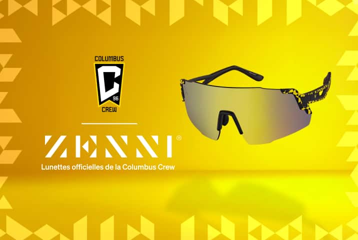 Une paire de lunettes carrées Columbus Crew Zenni 2043621 repose sur une écharpe Columbus Crew jaune à fond jaune.