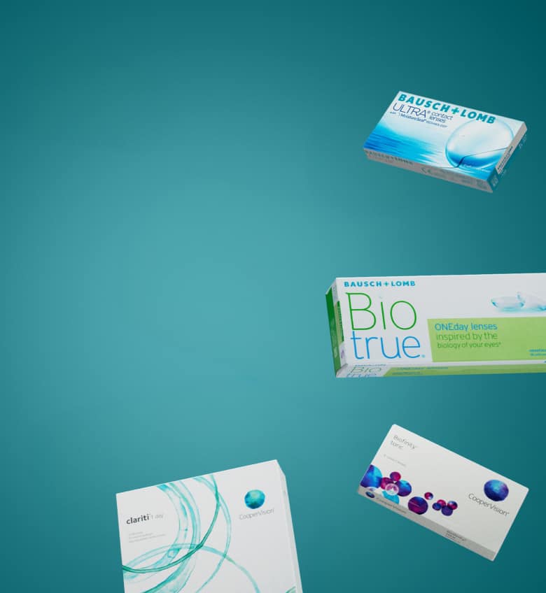Contact lens boxes from various top brands are scattered on a teal background.